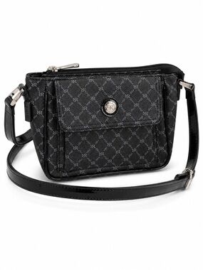 Rioni Nadia Pocket Purse Black Monogram Crossbody NWT Zip Bag Patent Trim